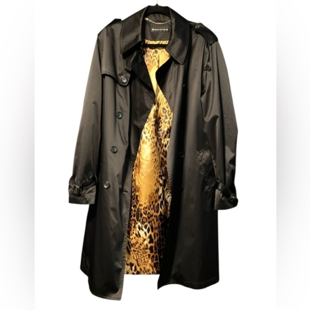 Dana Buchman Black Trench Coat with Animal Print Lining And Tie